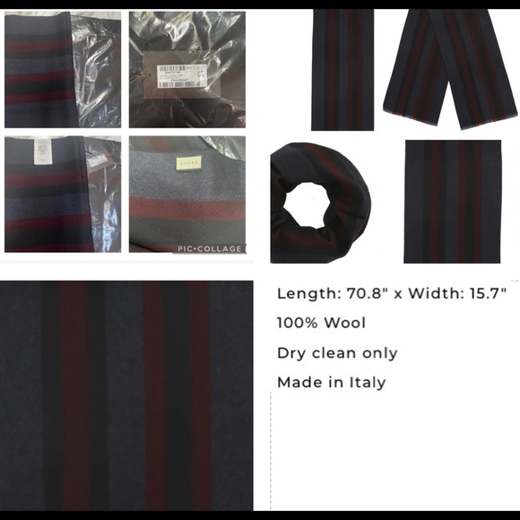 UNSEX GUCCI REVERSIBLE DARK GREY WITH RED AND NAVY BLUE STRIPES SOFT WOOL SCARF - Picture 1 of 11